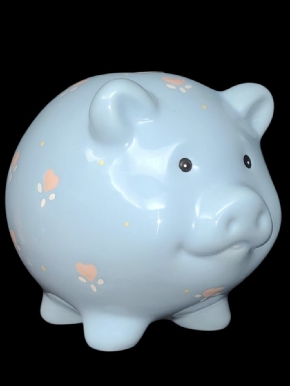 Vintage Russ Berrie Baby Blue Piggy Bank With Pink Heart Design